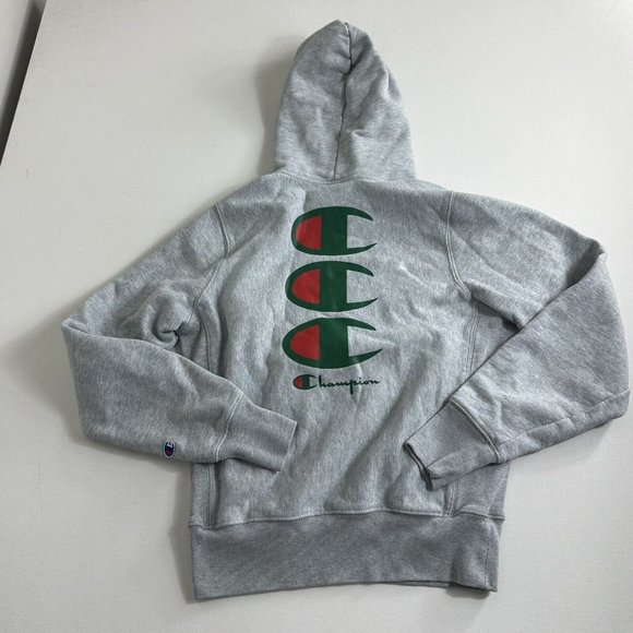 Champion Reverse Weave Double Sided Graphic Pullover Hoodie Sweatshirt Red Gray - Picture 2 of 13